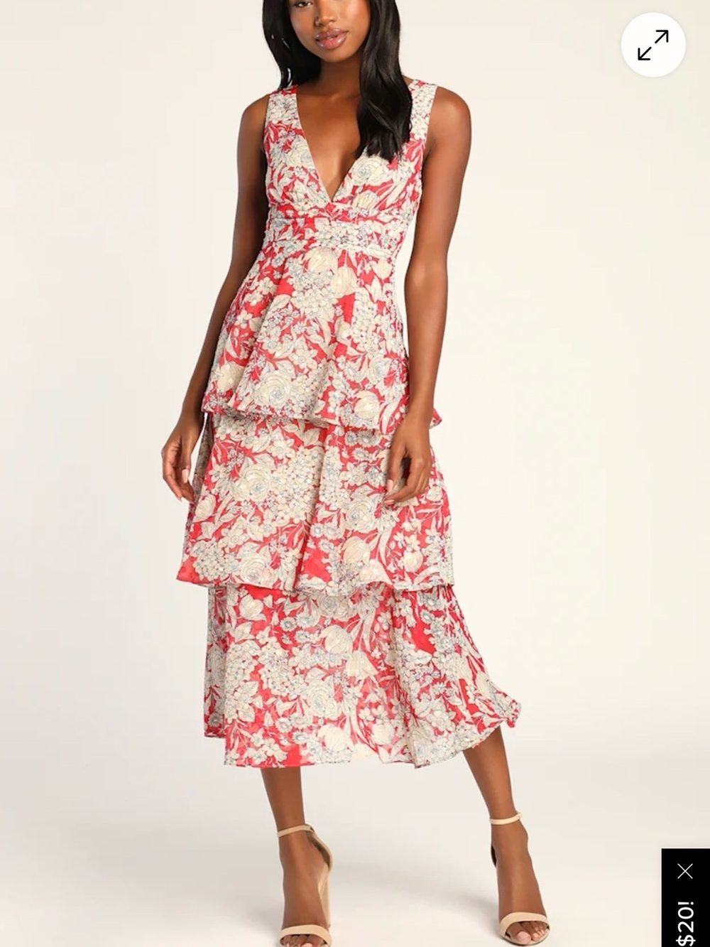 Lulu’s Tier Comes the Sun Red Floral Print Tiered Midi Dress small nwt